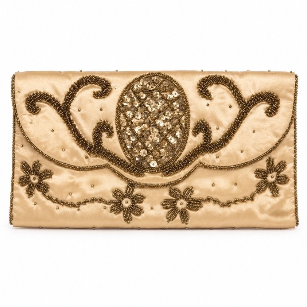 ⚜️109. 1950s Sharonee Gold Satin Beaded Sequin Evening Clutch